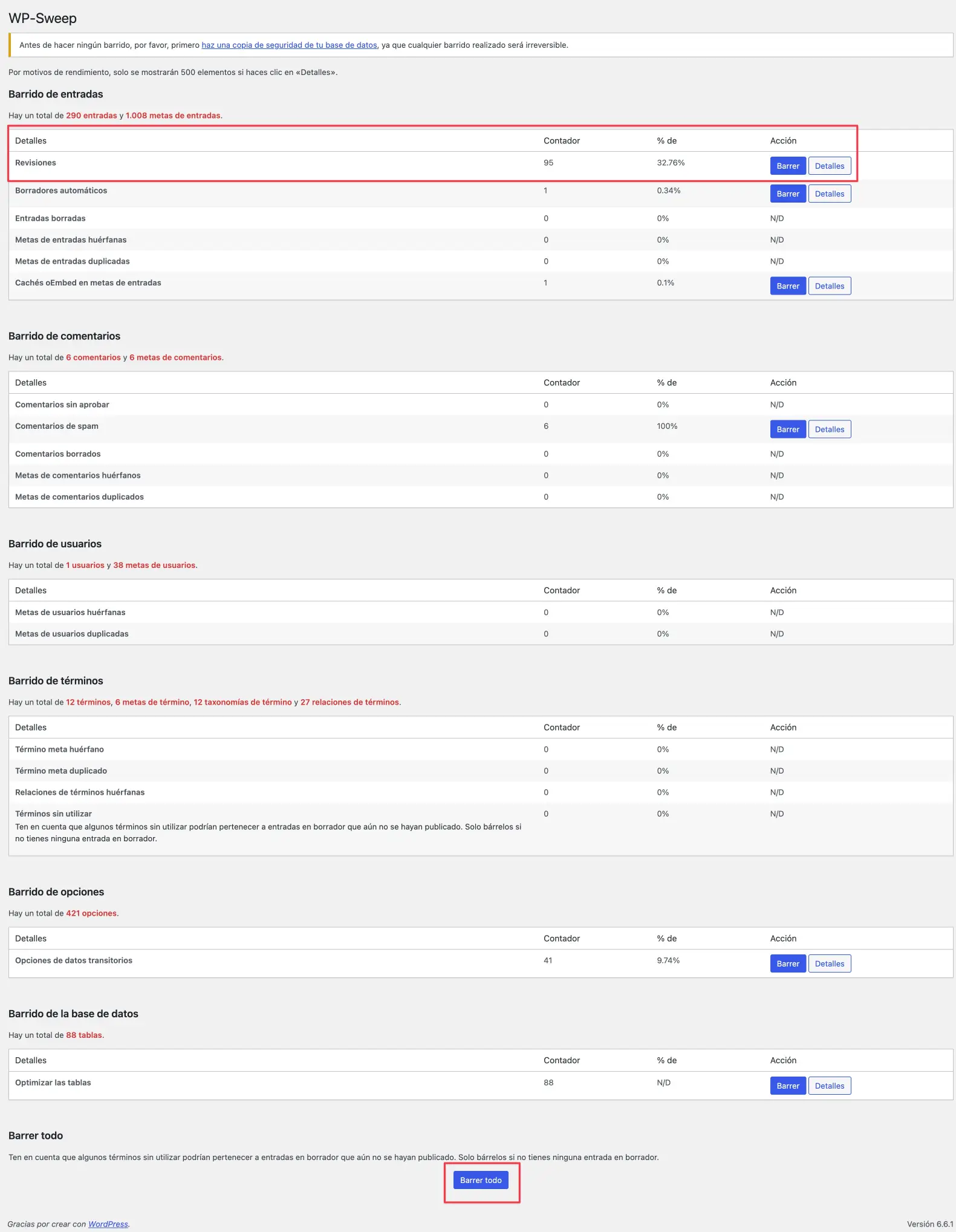 Error 500 Elementor ajustes plugin WP-Sweep