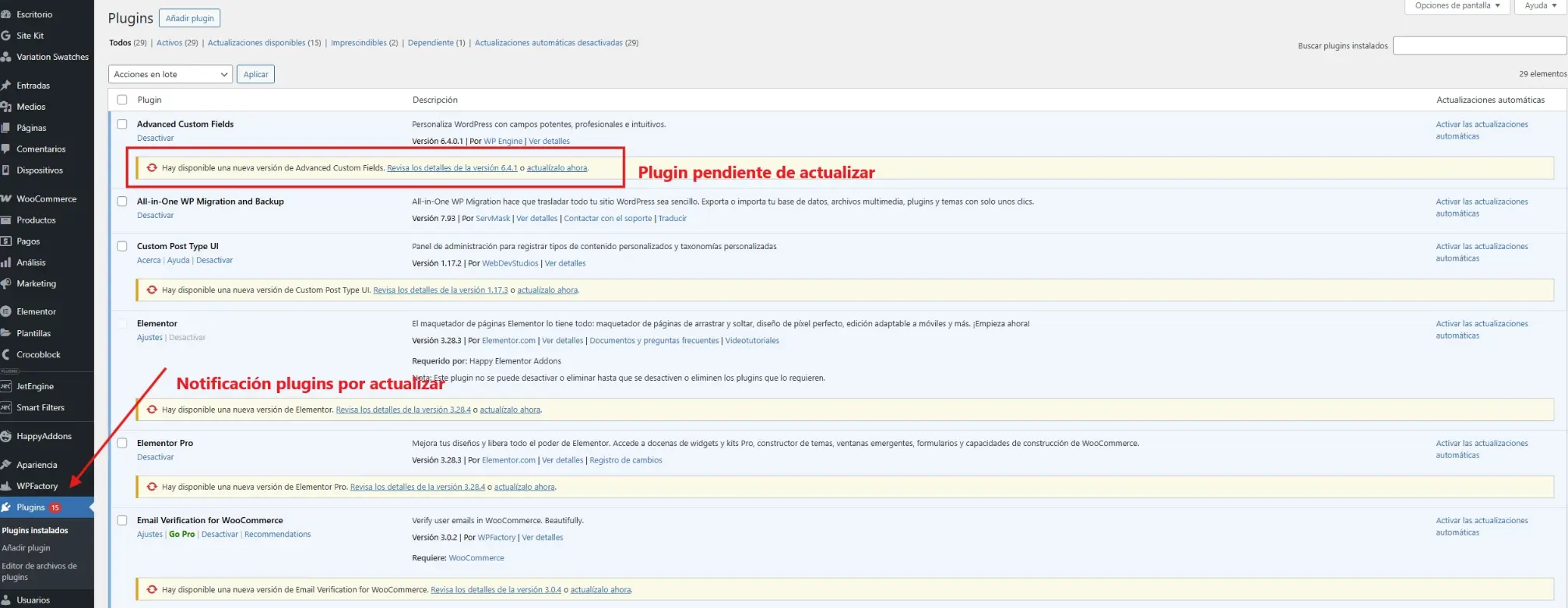 Escritorio wordpress notificaciones actualizaciones plugins