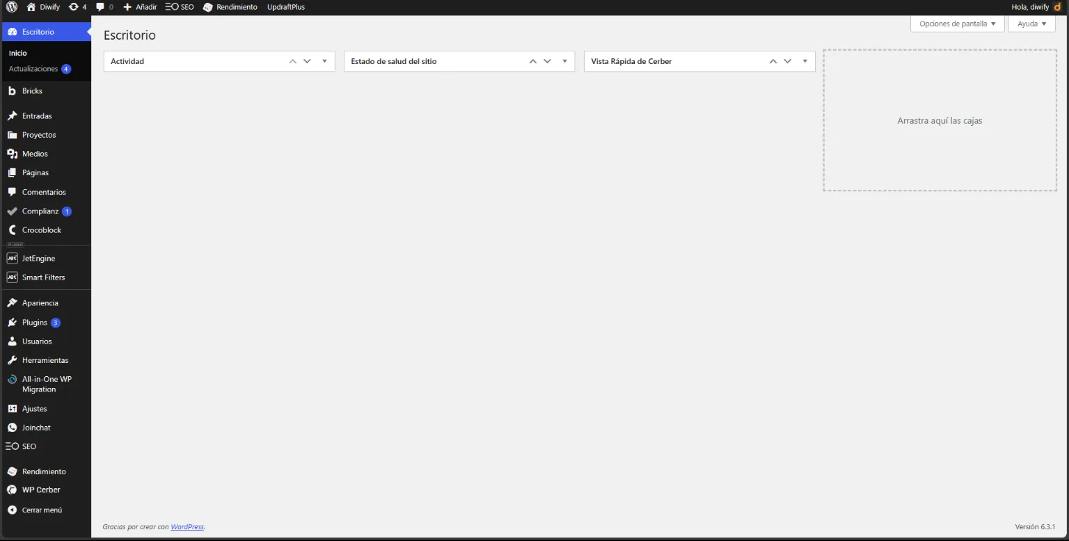 Vista general del panel de control en WordPress