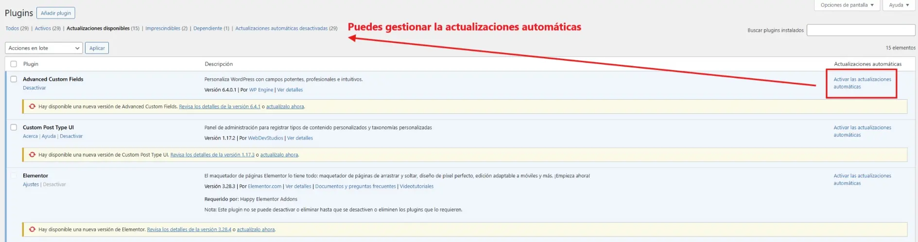 activar actualizaciones automáticas plugins wordpress