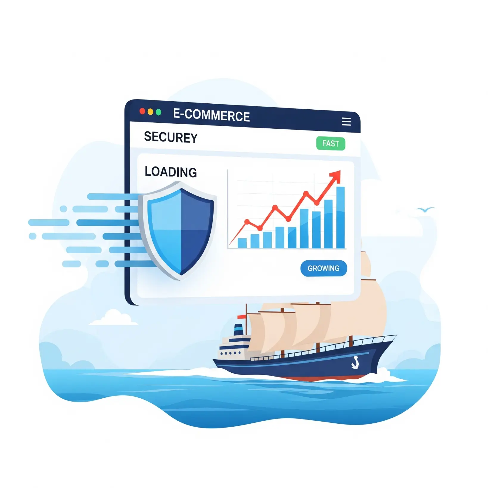 Barco de e-commerce navegando rápido y seguro, simbolizando las actualizaciones esenciales de WordPress y WooCommerce para seguridad y rendimiento