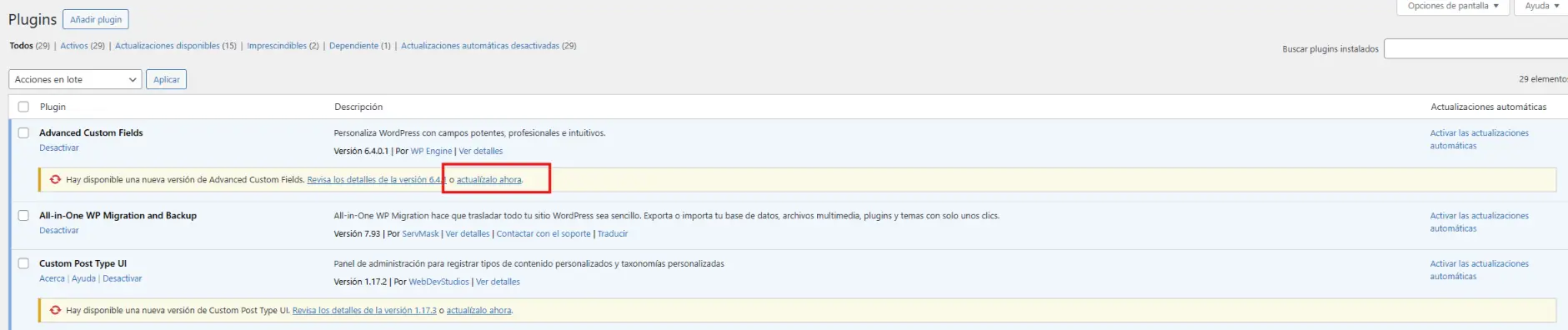 actualizar plugin desde panel administración