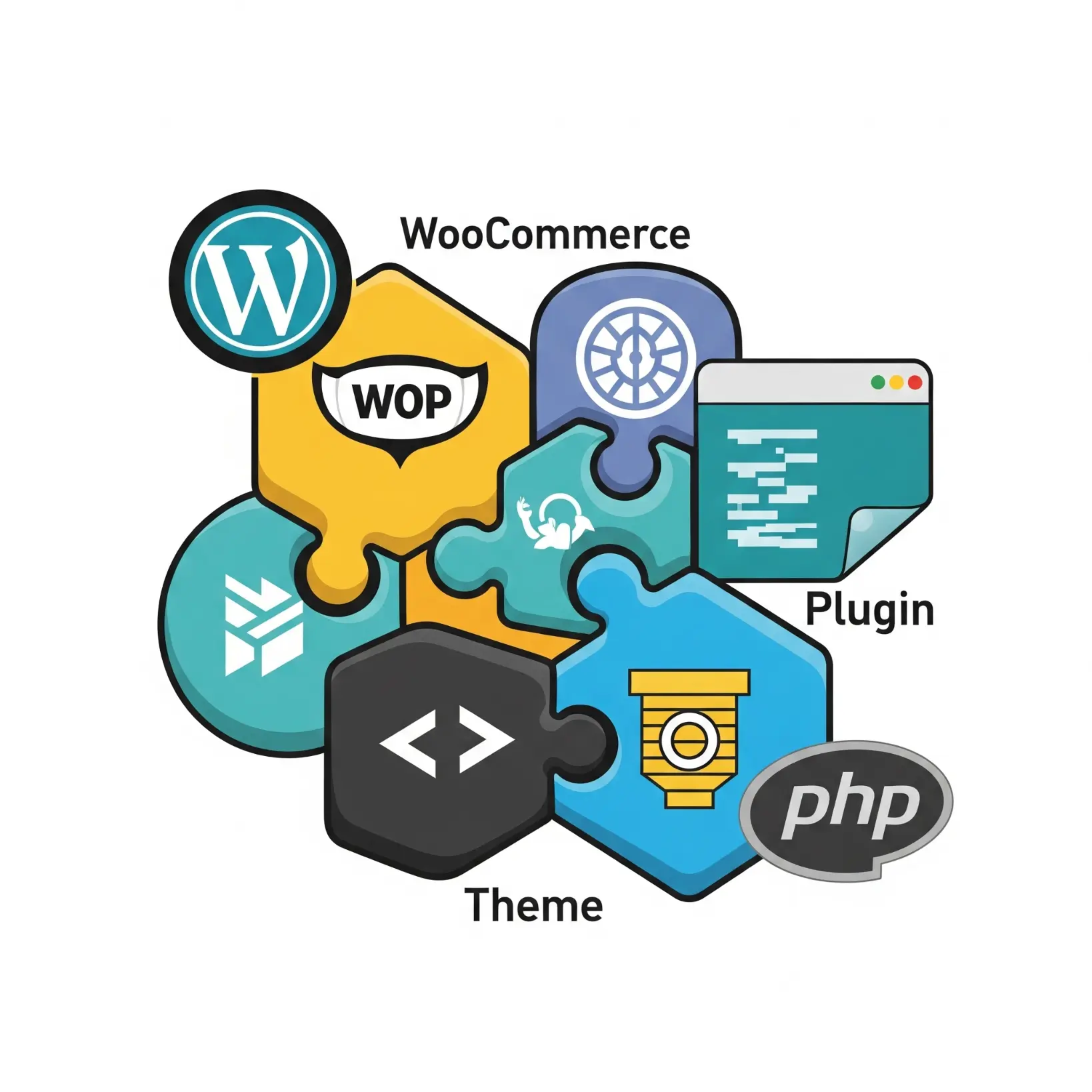 Iconos de WordPress, WooCommerce, plugins, temas y PHP encajando como piezas de un rompecabezas, representando la compatibilidad y funcionalidad
