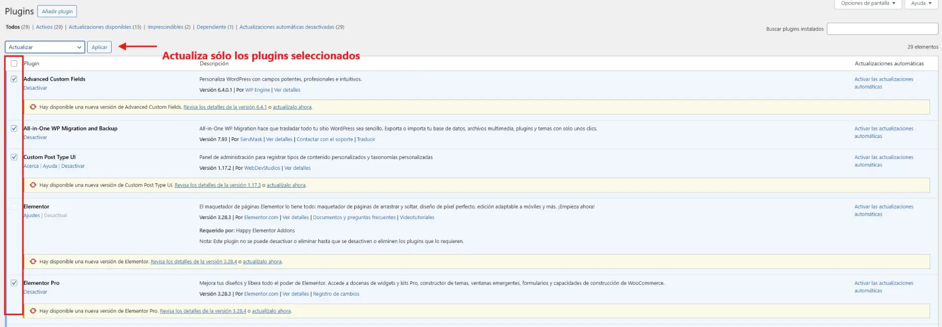 escritorio wordpress actualizar plugins en lote