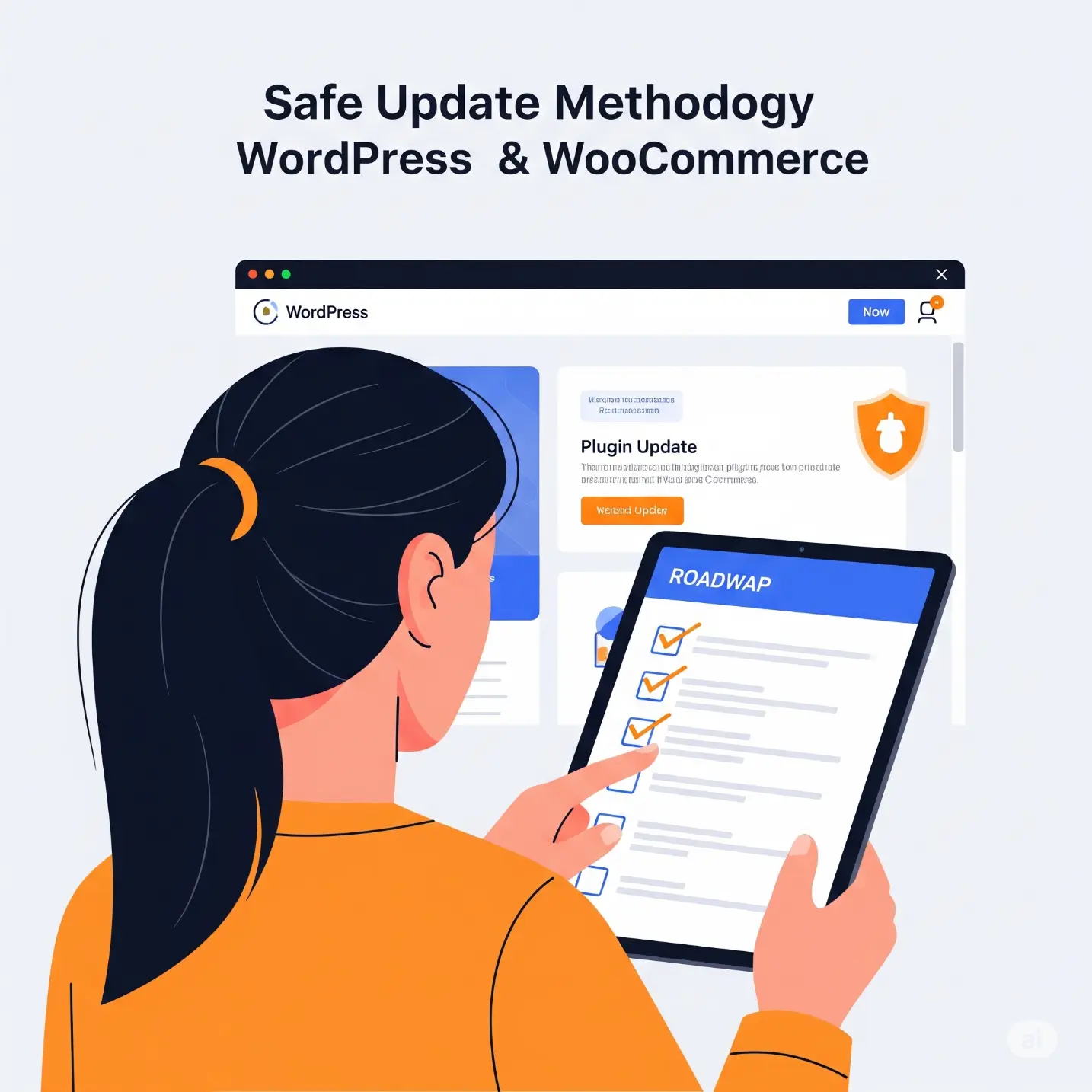 Persona revisando una checklist de actualizaciones en tableta, con sitio web de WordPress y WooCommerce seguro al fondo, simbolizando un plan de contingencia y metodología de actualización segura