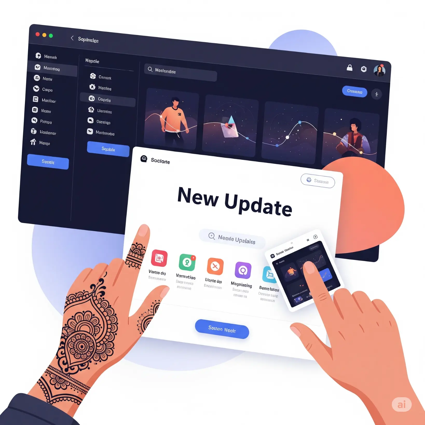 Manos interactuando con una interfaz de usuario digital, mostrando nuevas funcionalidades y herramientas disponibles tras las actualizaciones de software
