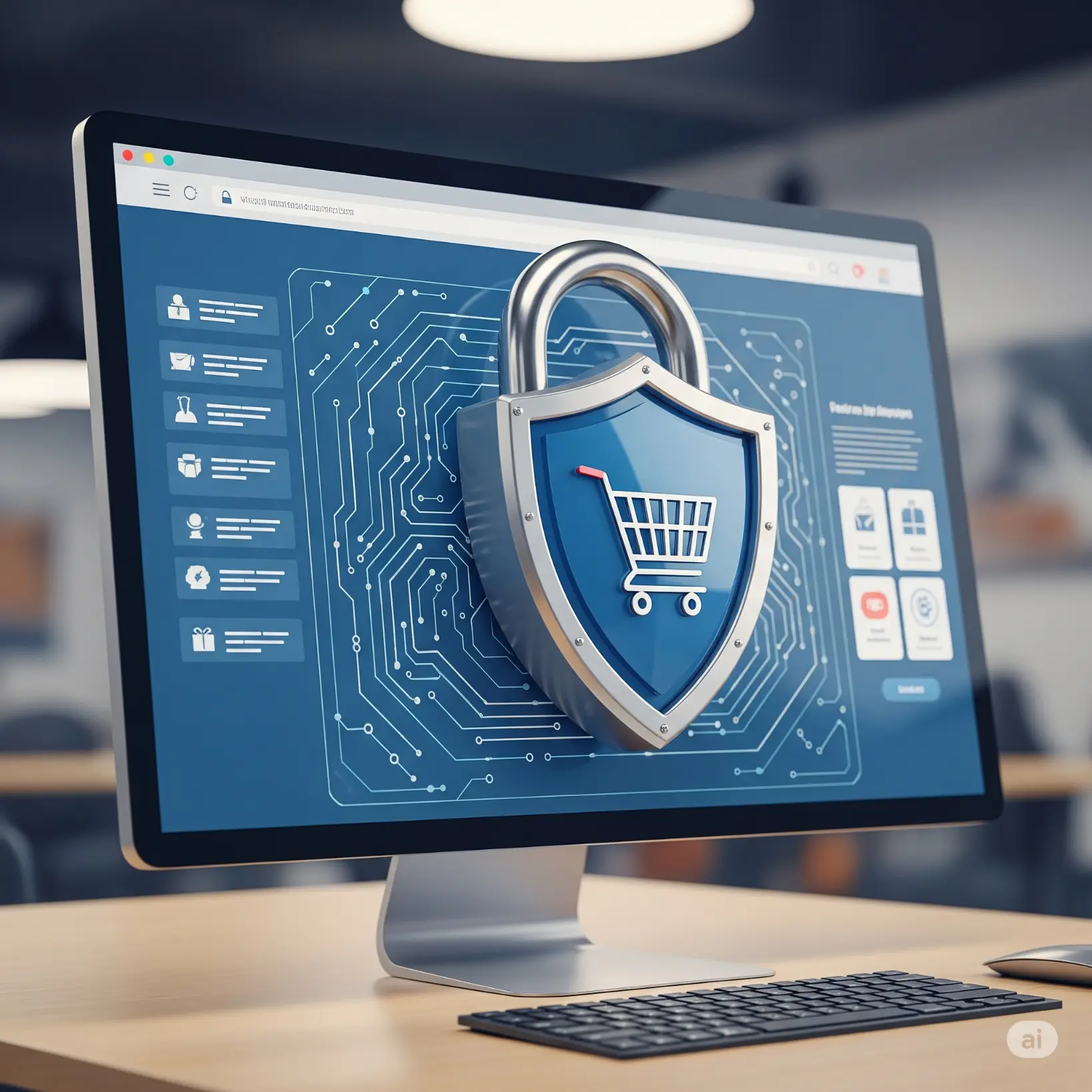 Candado digital protegiendo un carrito de compras en pantalla, representando la seguridad de WooCommerce gracias a las actualizaciones