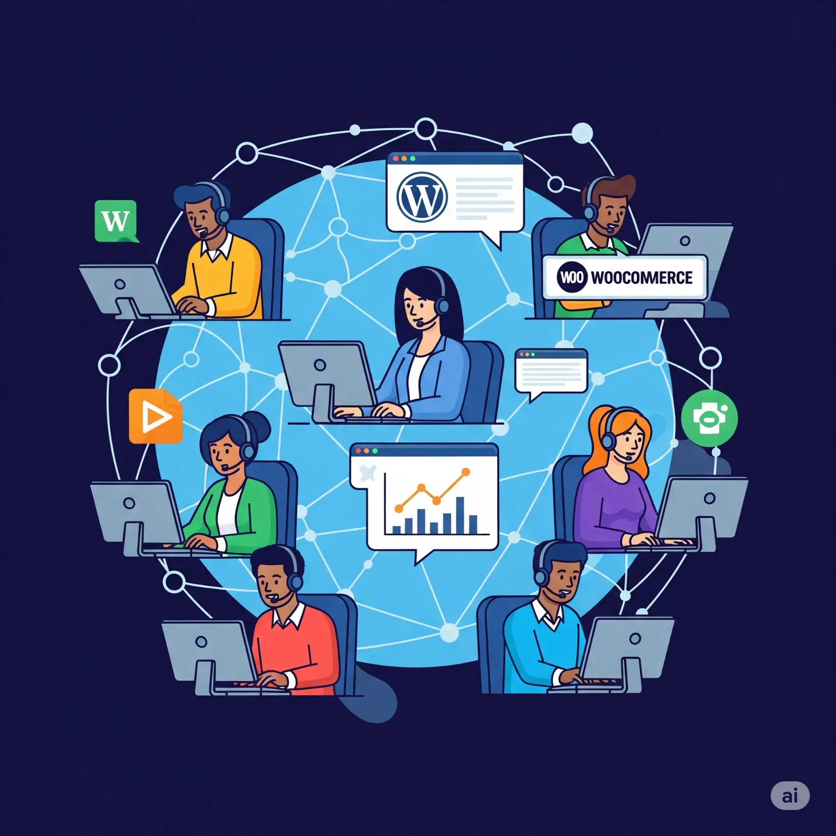 Equipo de soporte técnico con auriculares y ordenadores, conectados en red, simbolizando la asistencia experta para sitios WordPress y WooCommerce