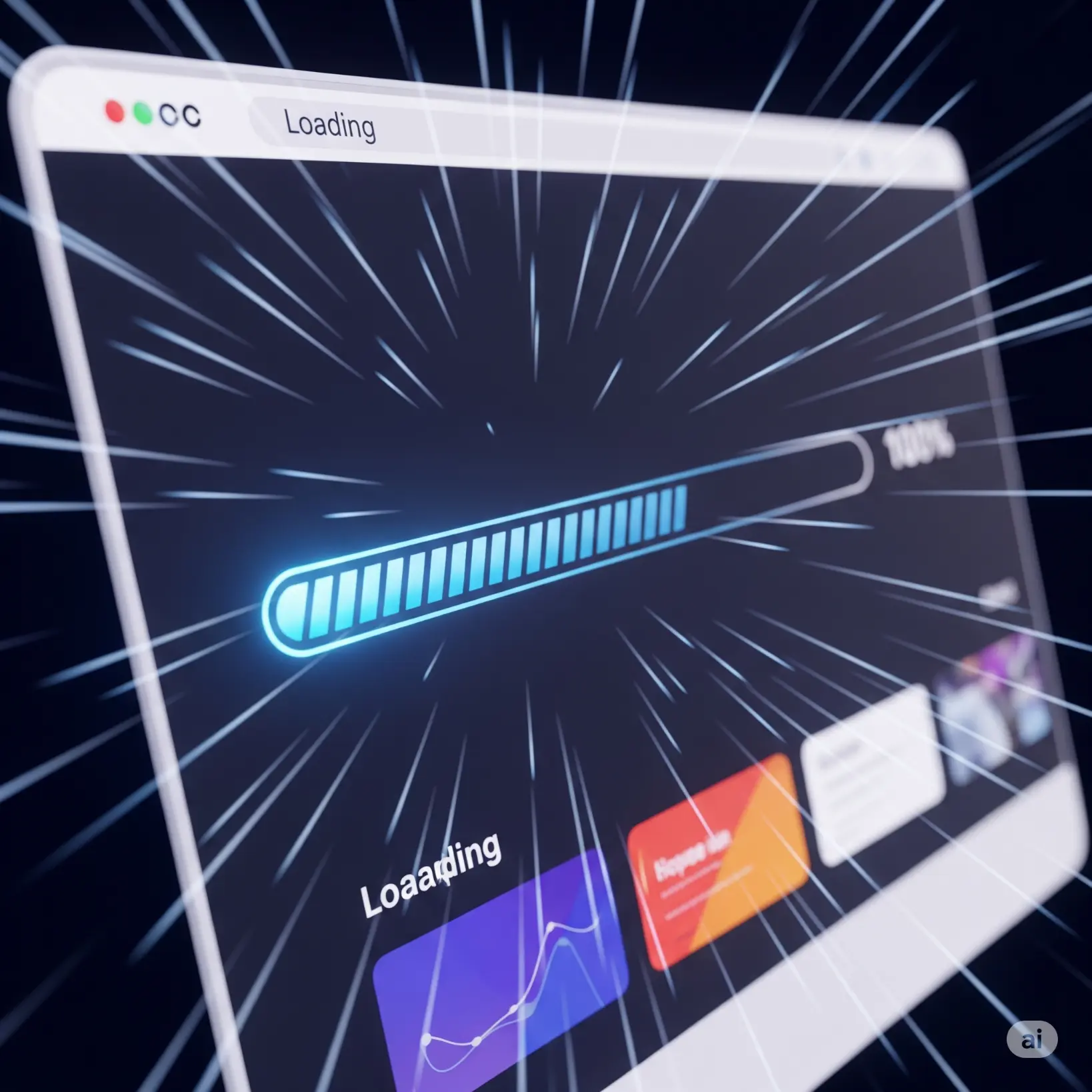 Barra de carga de sitio web llenándose rápidamente, simbolizando la velocidad y el rendimiento mejorado de WordPress y WooCommerce